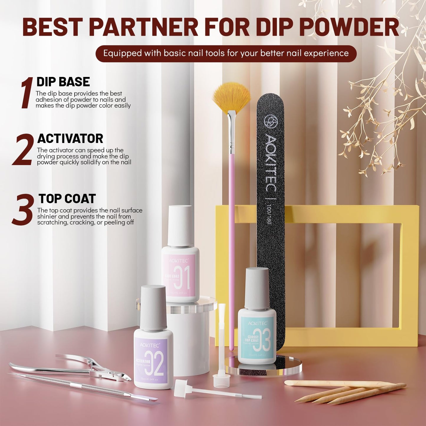 Aokitec Dip Powder Nail Kit Starter with Dip Build Powder, White Nude Pink Brown Giltter 8+1 Colors Dipping Powder Liquid Set with Base/top Gel Activator for Nail Manicure Salon Gift