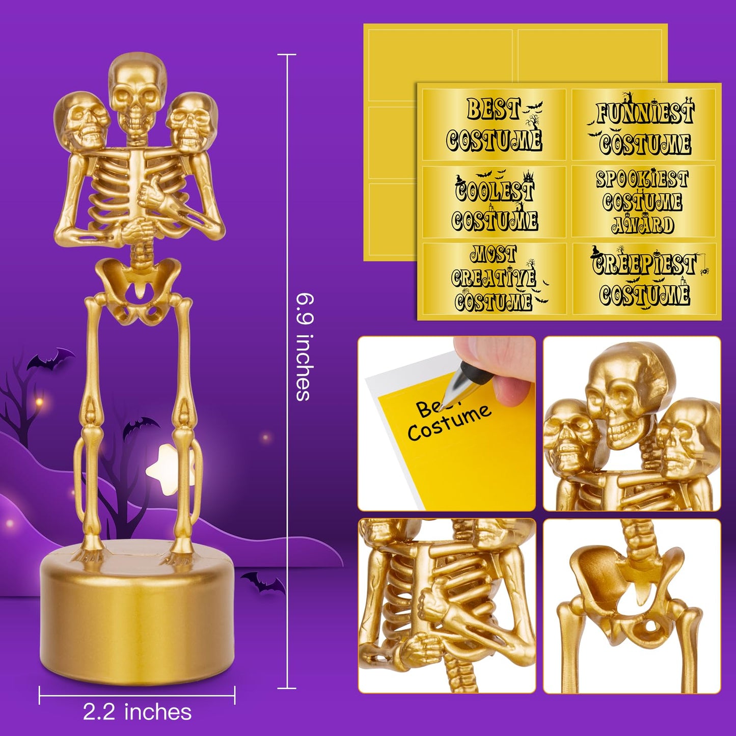 AORZIT Halloween Trophy 6 Pack Best Costume Skeleton Trophies for Kids Adults, Halloween Skeleton Funny Trophy Plastic Tropies for Contest Awards, Halloween Party Prizes for Adults Party Supplies(B)