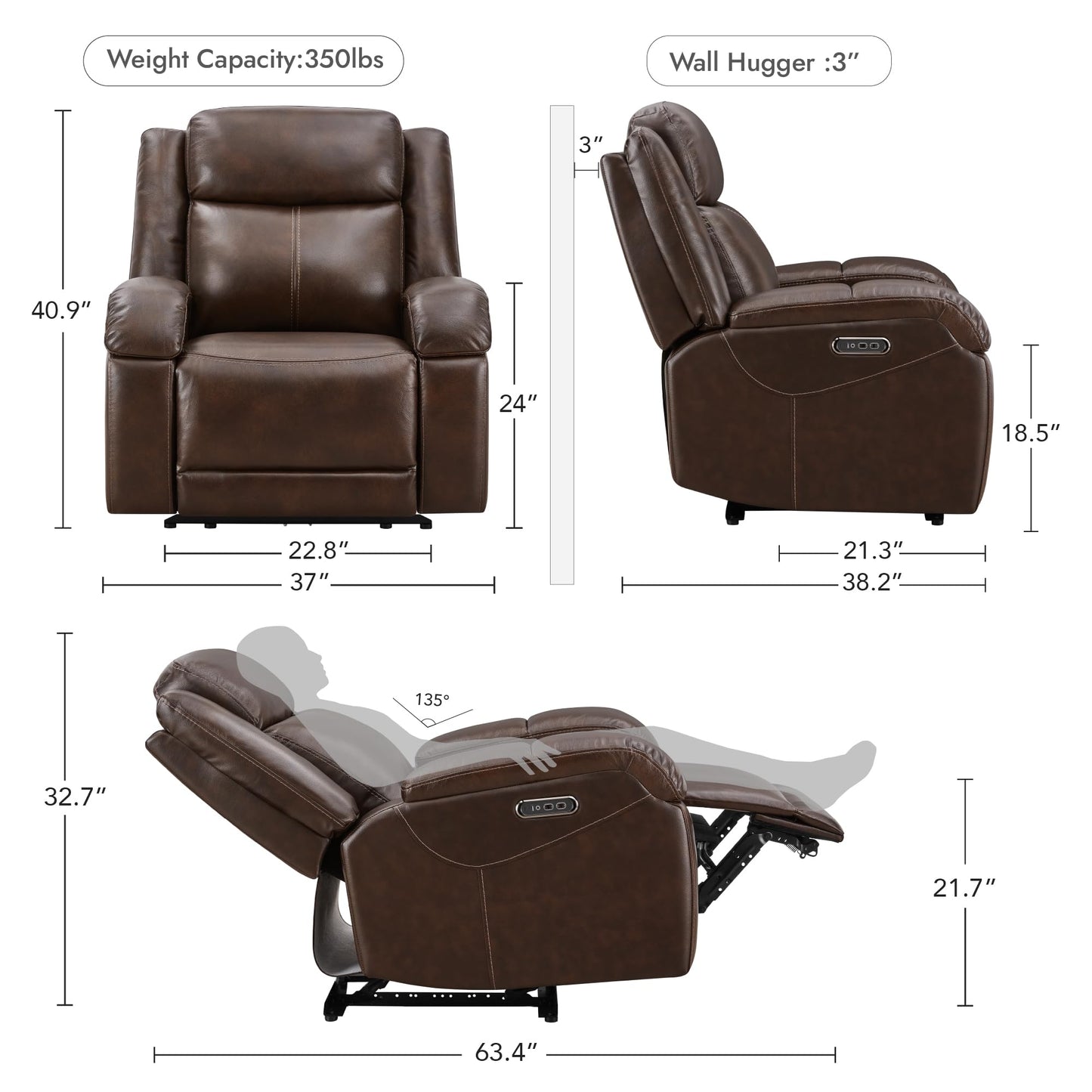Watson & Whitely Genuine Leather Power Recliner Chairs for Adults, Wall Hugger RV Recliner with Power Headrest & Charging Ports, Electric Recliner Sofa Chair for Living Room, Dark Brown