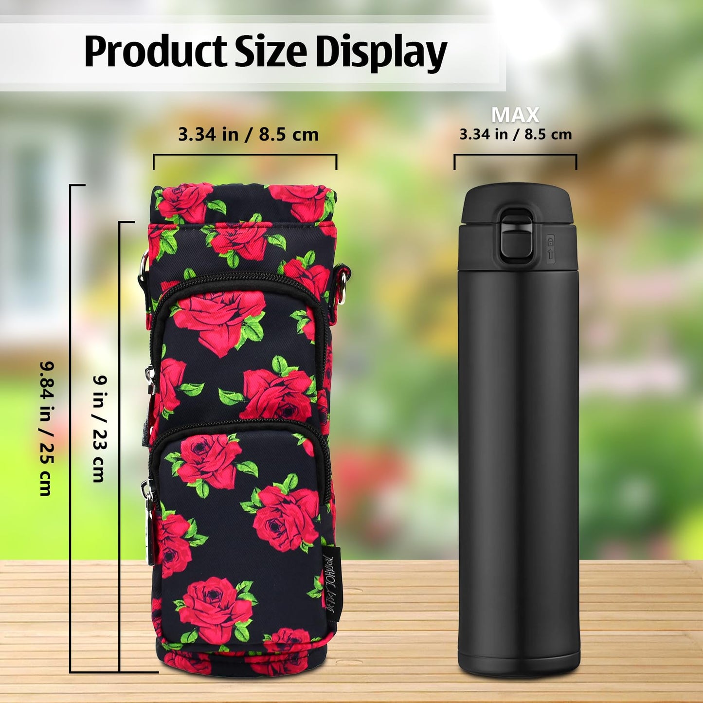 Betsey Johnson Insulated Water Bottle Pouch Holder Carrier Crossbag with Adjustable Shoulder Strap - Lightweight Polyester Accessories with Pockets Good for Hiking Travelling Sports(Covered Roses)