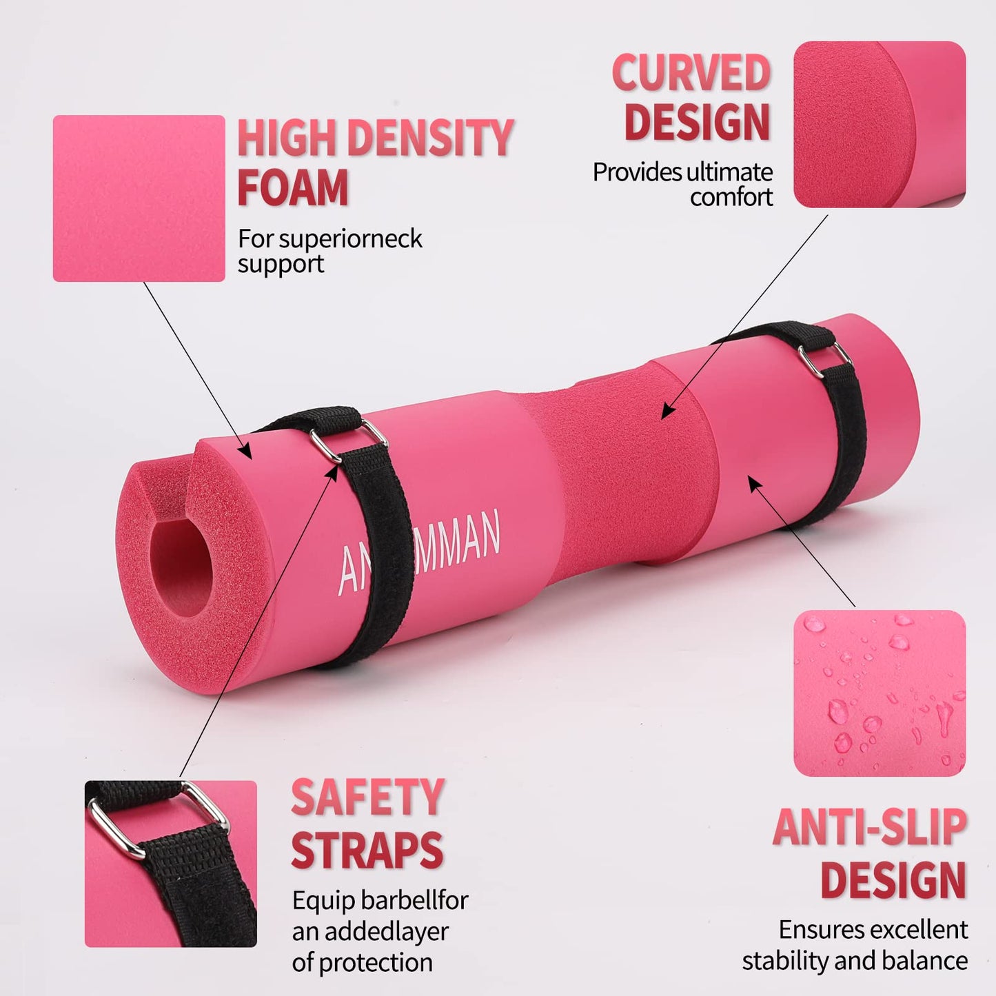 AN AMMAN Barbell Pad for Squat, Hip Thrust - Perfect for Gym Workout Smith Machine Thruster Weightlifting - Relieves Neck and Shoulder Pain - Thick Foam Cushion Pink AM001PT