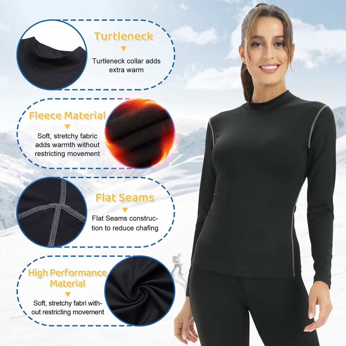 Tesuwel Thermal Shirts for Women Cold Weather Ski Base Layer Women Long Sleeve Fleece Ladies Thermal Tops Winter Warm Hiking Snow Underlayer Running Athletic Shirts Moisture Wicking 2219 Black L