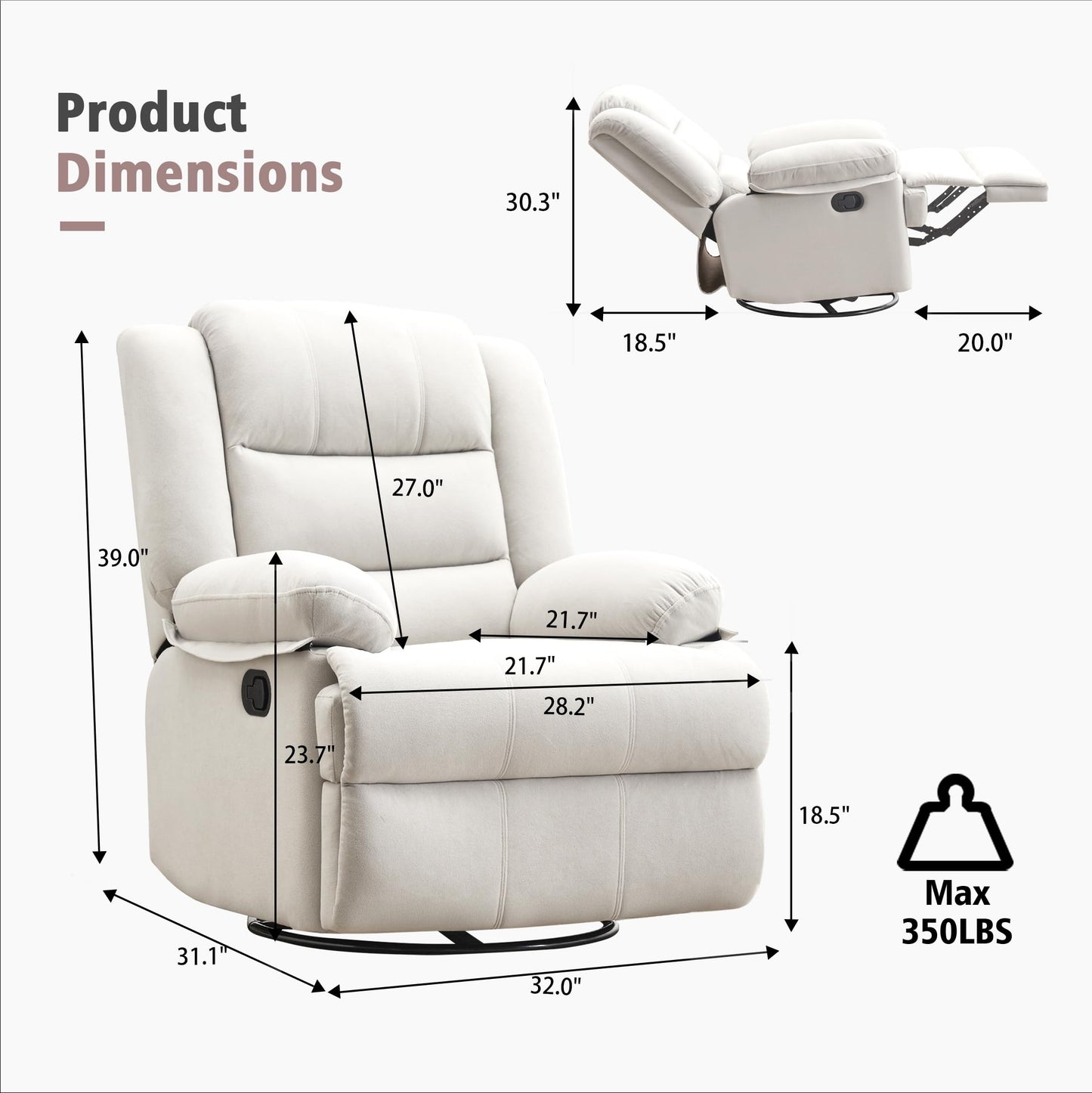 Ketaiyou Swivel Rocking Recliner Chair for Adults, Overstuffed Manual Rocker Nursery Recliner Glider, Upholstered Fabric Reclining Single Sofa Chair for Living Room (Beige)