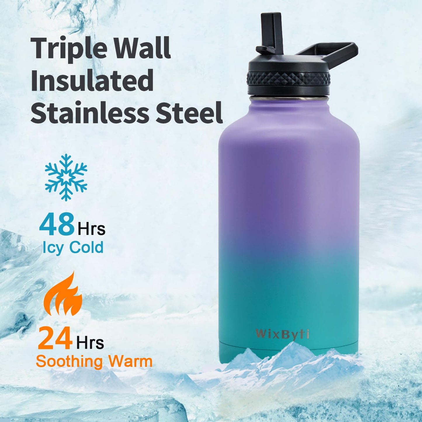 WixByti 64 oz Insulated Water Bottle with Straw (Cold for 48 Hrs), Half Gallon Stainless Steel Triple Wall Vacuum Sports Water Jug, Leakproof Hydro Cup Flask with Straw Spout Lids & DIY Stickers