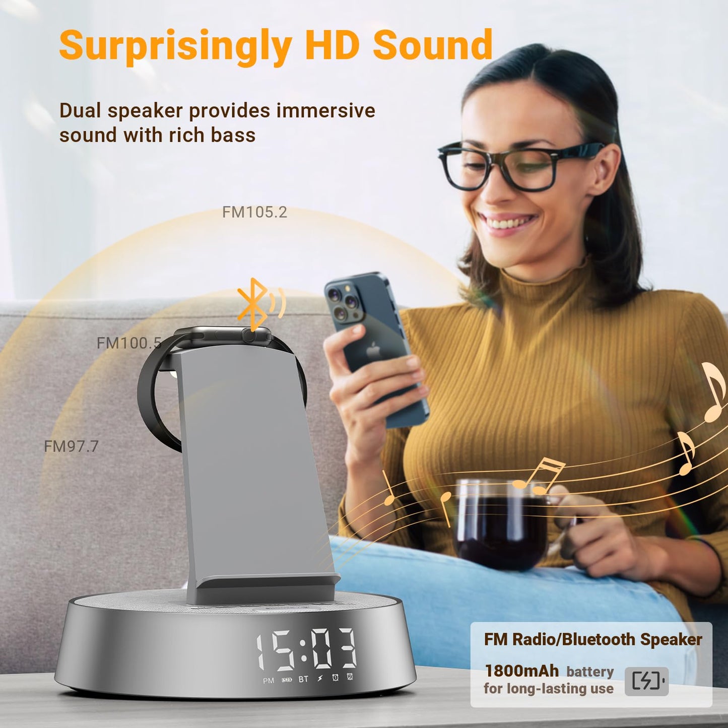 Alarm Clock Charging Station for Bedrooms, Wireless Charging Station with Dimmable Night Light Bluetooth Speaker, Mag-Safe Charger for iPhone 16 15 14 13 12 Pro Max, Apple Watch, AirPods Pro