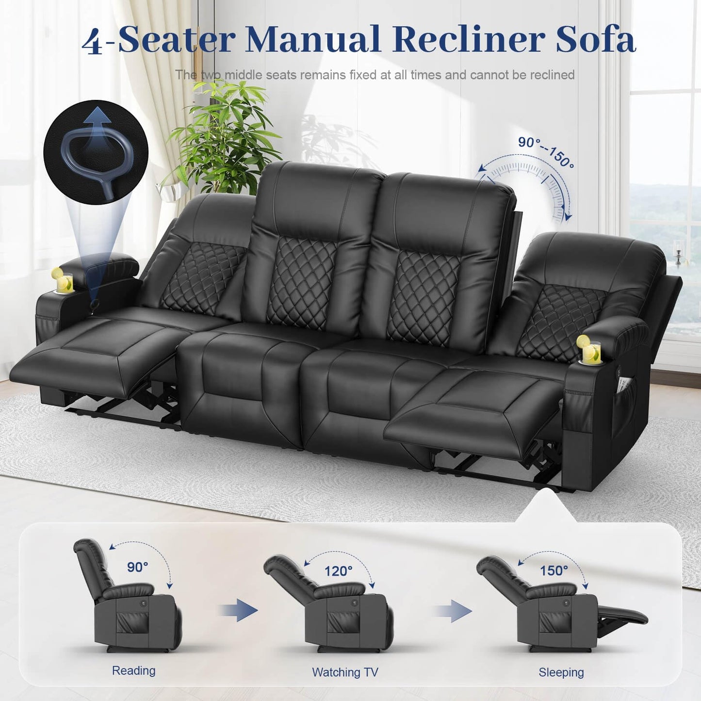 FURNIMAT Oversized Recliner Sofa Set with 4+1+1 Pieces in Living Room, 4 Seater Reclining Sofa, 2 Recliner Chair with 360 Degree Swivel Single Sofa Seat