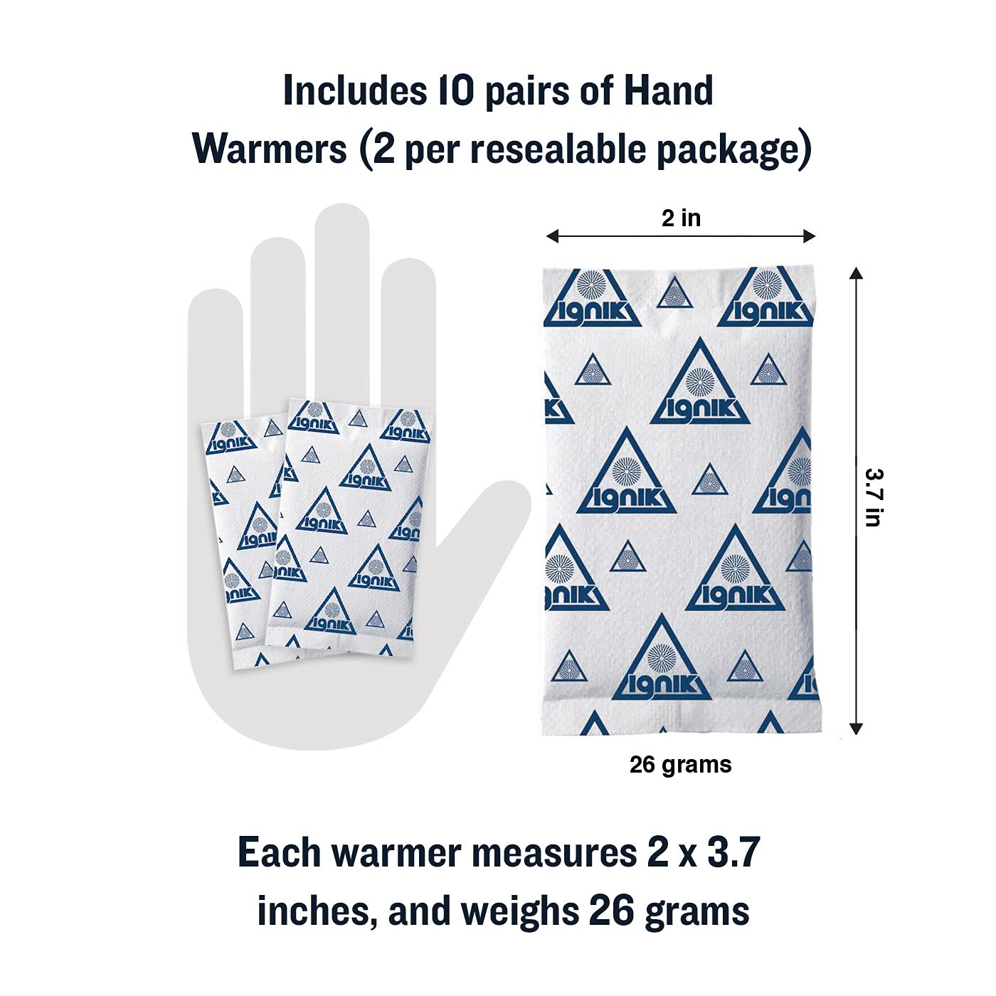 Ignik Resealable Multiple-Use Hand Warmers for 10 Hours of Heat Across 72 Hours, 10 Pairs