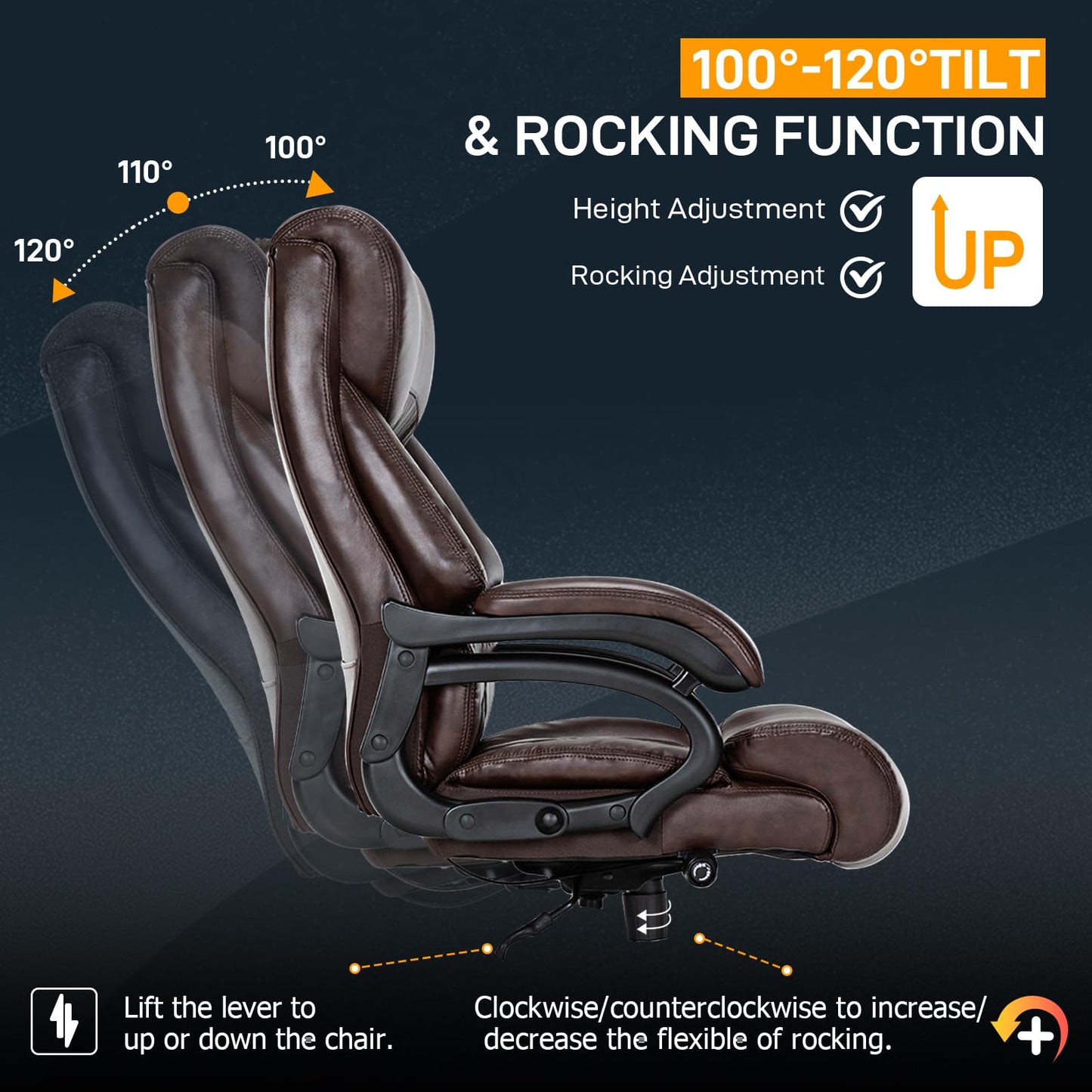 Big and Tall Office Chair for Heavy People, 500LBS High Back Extra Wide Heavy Duty Executive Office Chair Comfortable for Home Office, Large Computer Desk Chair with Adjustable Lumbar Support Brown