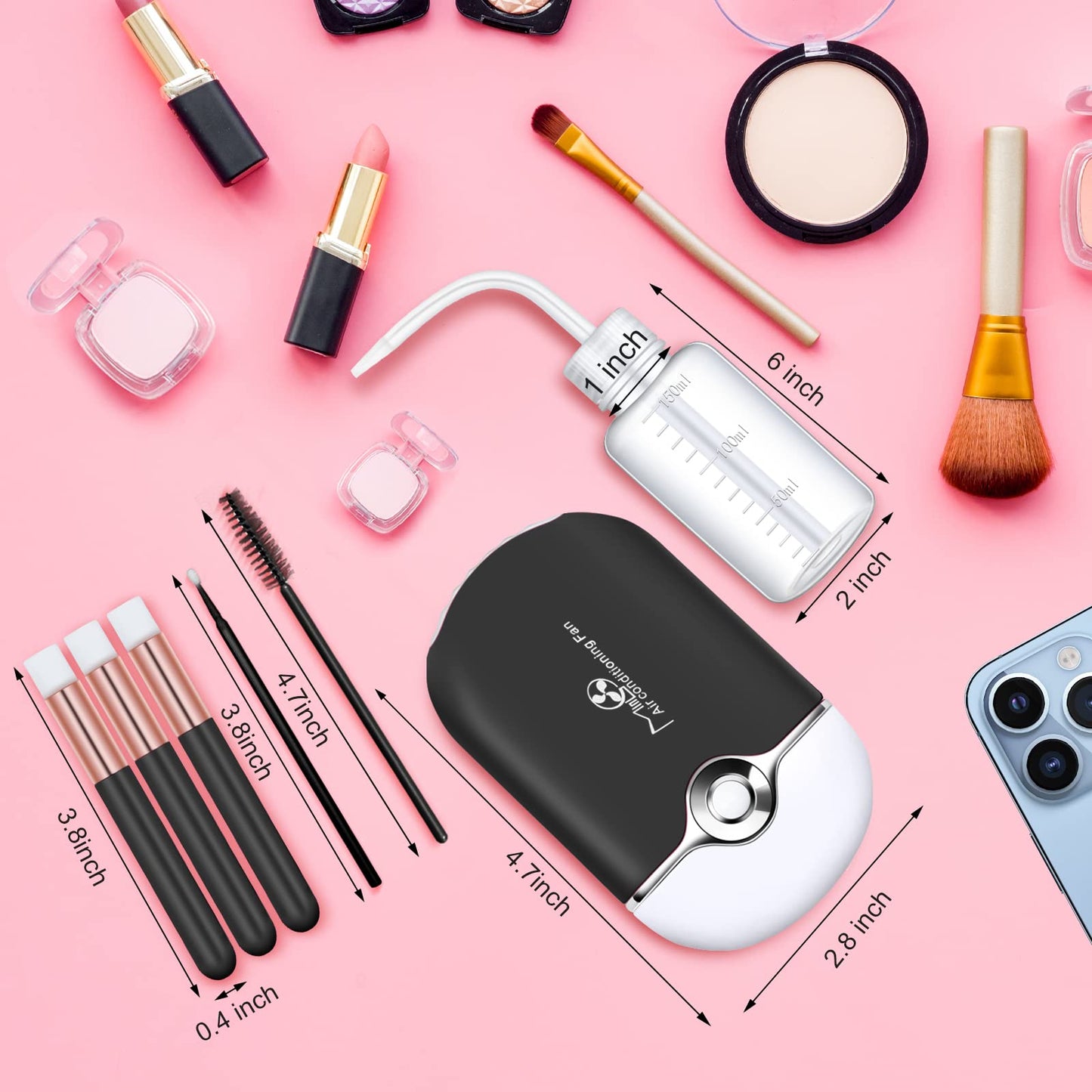 kioooki 105 Pcs Lash Fan Kit, USB Mini Portable Fans Rechargeable Electric Handheld Air Conditioning Lash Shampoo Brushes Nose Blackhead Facial Cleaning Brush Plastic Wash Bottle
