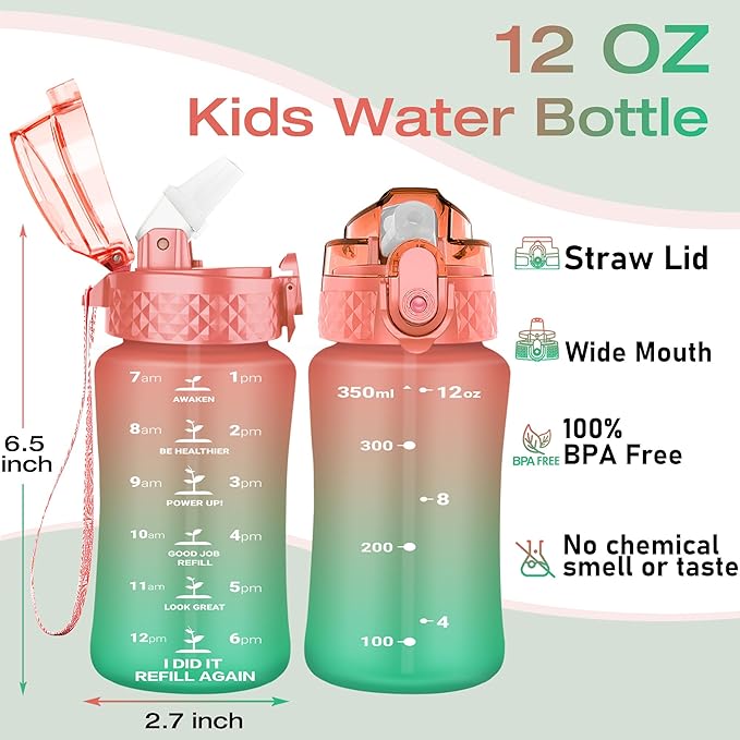 OLDLEY Kids Water Bottle for School, 12 oz, BPA-Free, Reusable, Leak-proof, Durable Tritan Plastic, One-handed Opening, Anti-dust Spout Cover, Sunflower