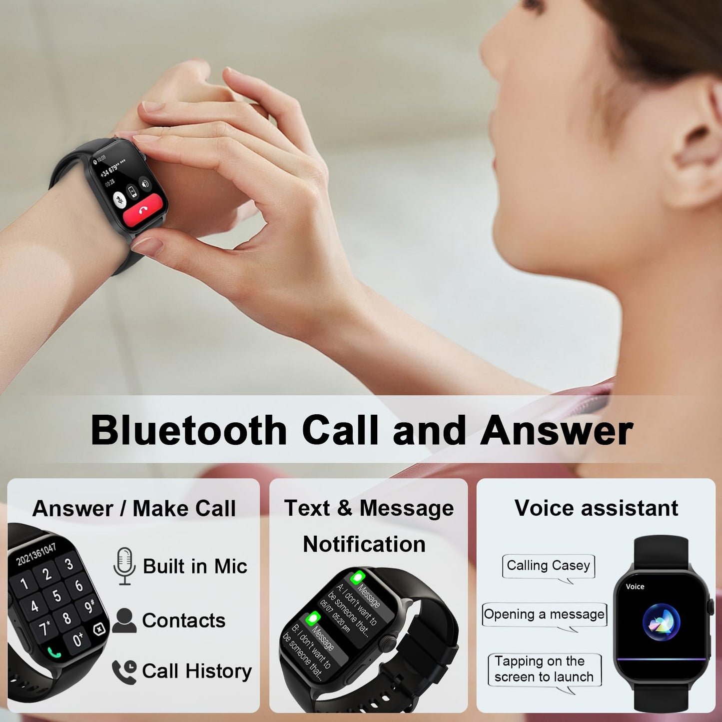 AOC E07 Smartwatch 1.96 Amoled HD Touchscreen, Bluetooth Call, AI Voice Assistant, Heart Rate & Sleep Tracking Monitor, Fitness Watch, IP67 Waterproof 100+ Sports Modes for Men & Women Black