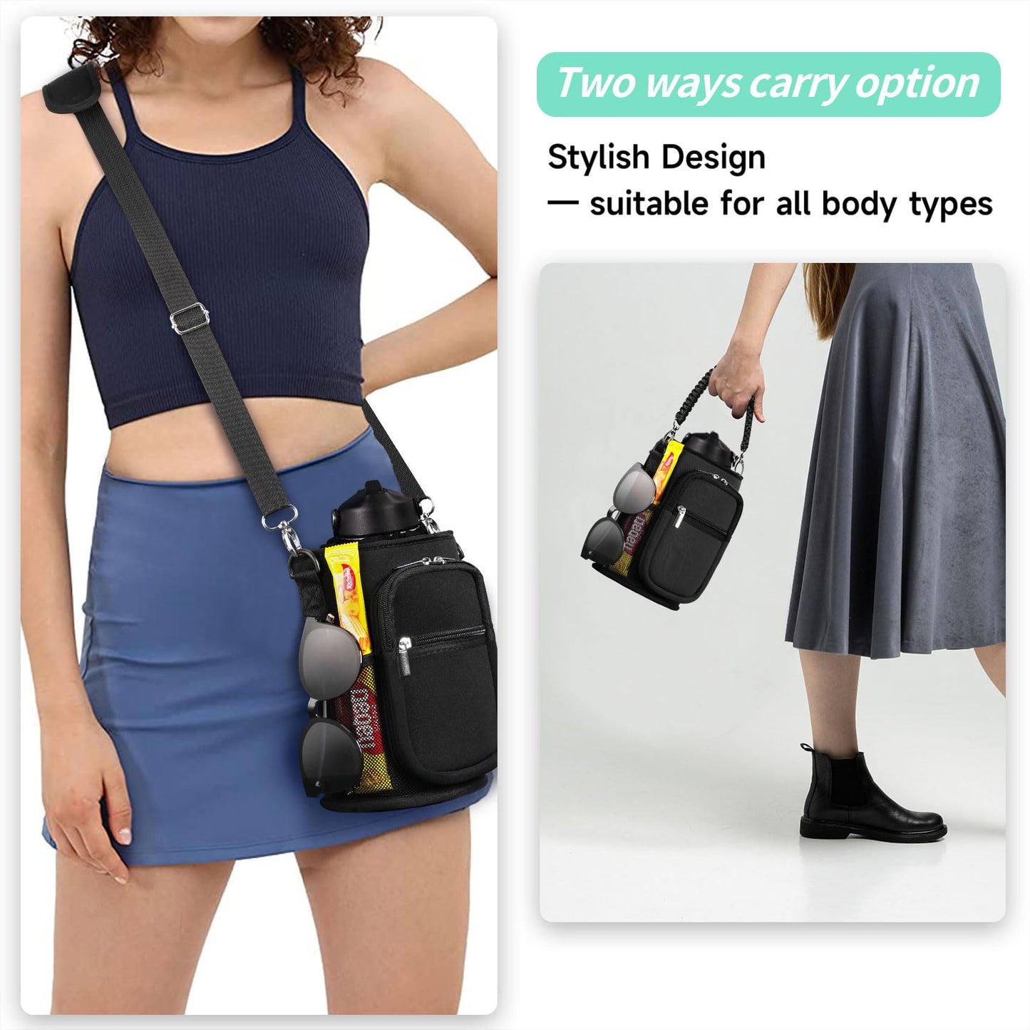 AceTreker 128 oz Water Bottle Sleeve, Neoprene One Gallon Water Bottle Carrier with Strap & Paracord Handle, Sport Bottle Holder Sling Bag with 5 Pockets for Travelling, Walking, Camping-Black