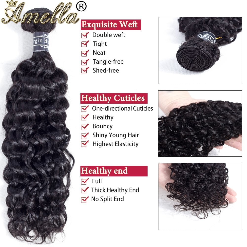 Amella Hair Brazilian Virgin Curly Hair Weave 3 Bundles with Lace Closure Free Part 4x4 8A 100% Unprocessed Brazilian Kinky Curly Hair Weave Bundles Natural Black Color (16 18 20+14inch)