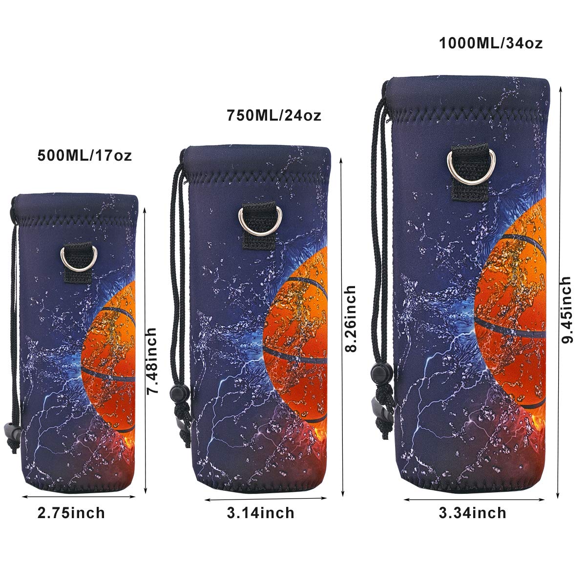 RICHEN Neoprene Water Bottle Carrier Bag with Adjustable Shoulder Strap,Insulated Water Bottle Cover for 500ml/16oz Stainless Steel/Glass/Plastic Bottles (Basketball Fire,500ML)