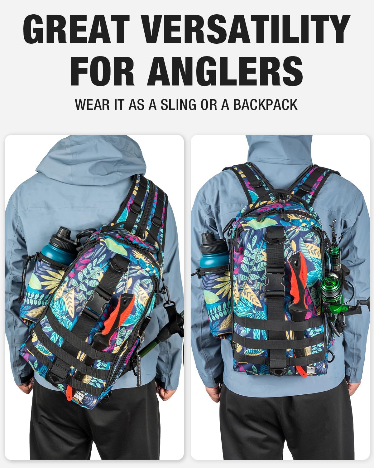 Ghosthorn Fishing Tackle Backpack Storage Bag - Fishing Backpack with Rod Holder Shoulder Bag - Fishing Gift Tackle Box Bag Women Large Blue Leaf