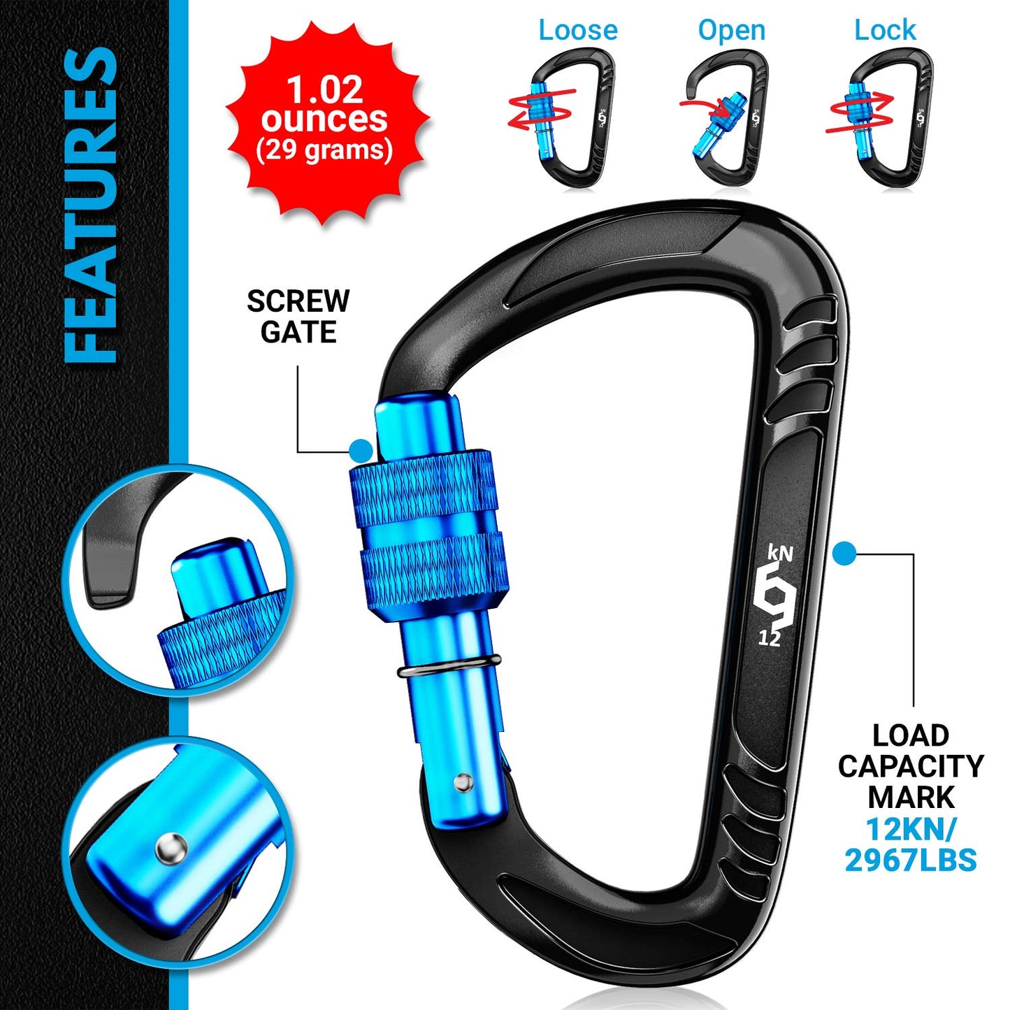 RHINO Produxs 2PCS of 12kN (2697 lbs) Heavy Duty Lightweight Locking Carabiner Clips - Excellent for Securing Pets, Outdoor, Camping, Hiking, Hammock, Dog Leash Harness, Keychains, Water Bottle