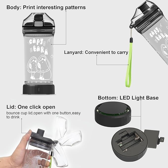 Ammonite Capybara Water Bottle with 3D Glowing LED Light - 14 OZ Tritan BPA Free - Creative Ideal Travel Cup Gift for School Kid Boy Girl Child Holiday Camping Picnic