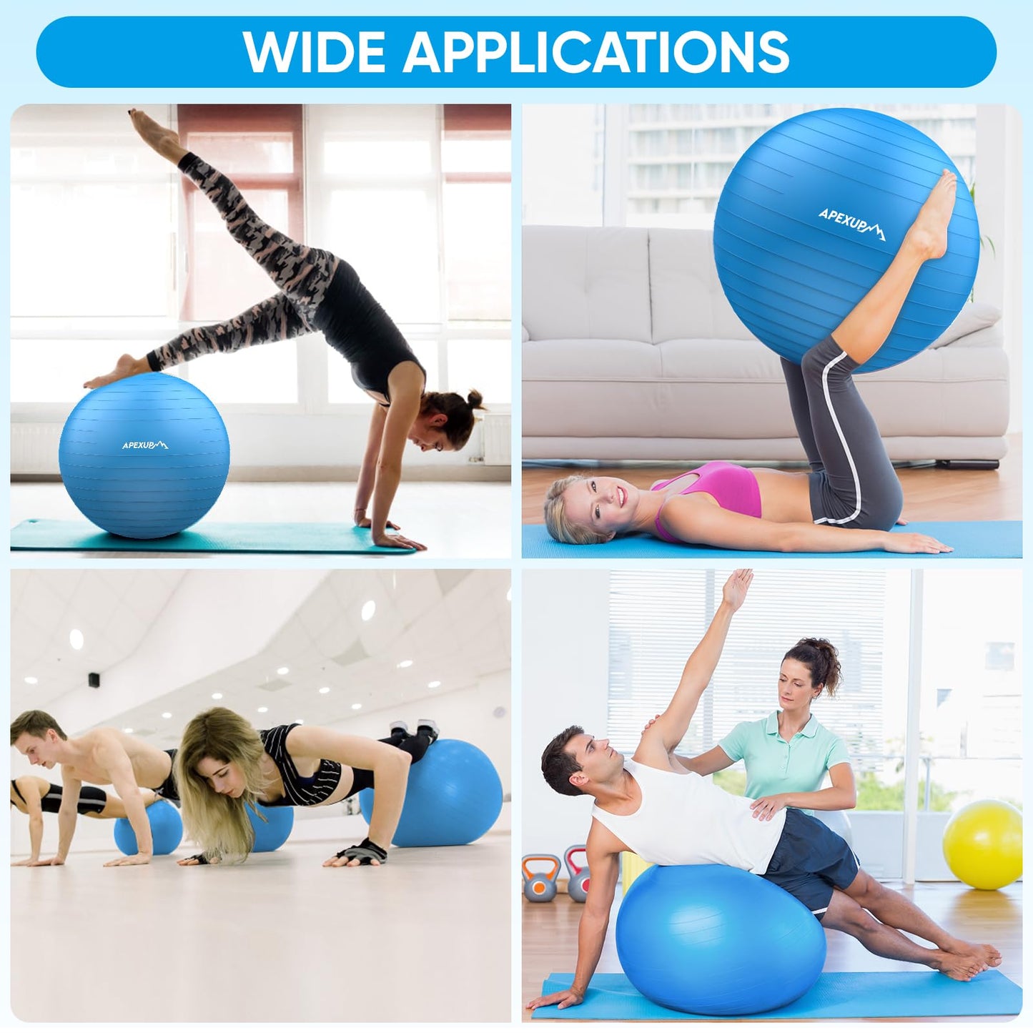 APEXUP Yoga Ball Exercise Ball, Anti Slip Stability Ball Chair, Heavy Duty Large Gym Ball for Fitness, Balance, Core Workout and Physical Therapy (S (15"~18") 45cm, Blue)