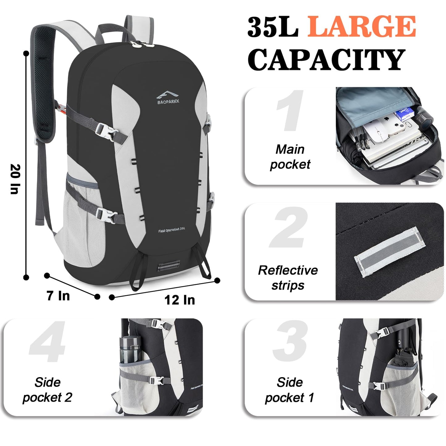 BAGPARKK Hiking Backpack,Large 35L Travel Backpacks for Men Women,Water Resistant Ultra Lightweight Foldable Packable Camping Daypack for Outdoor Sports