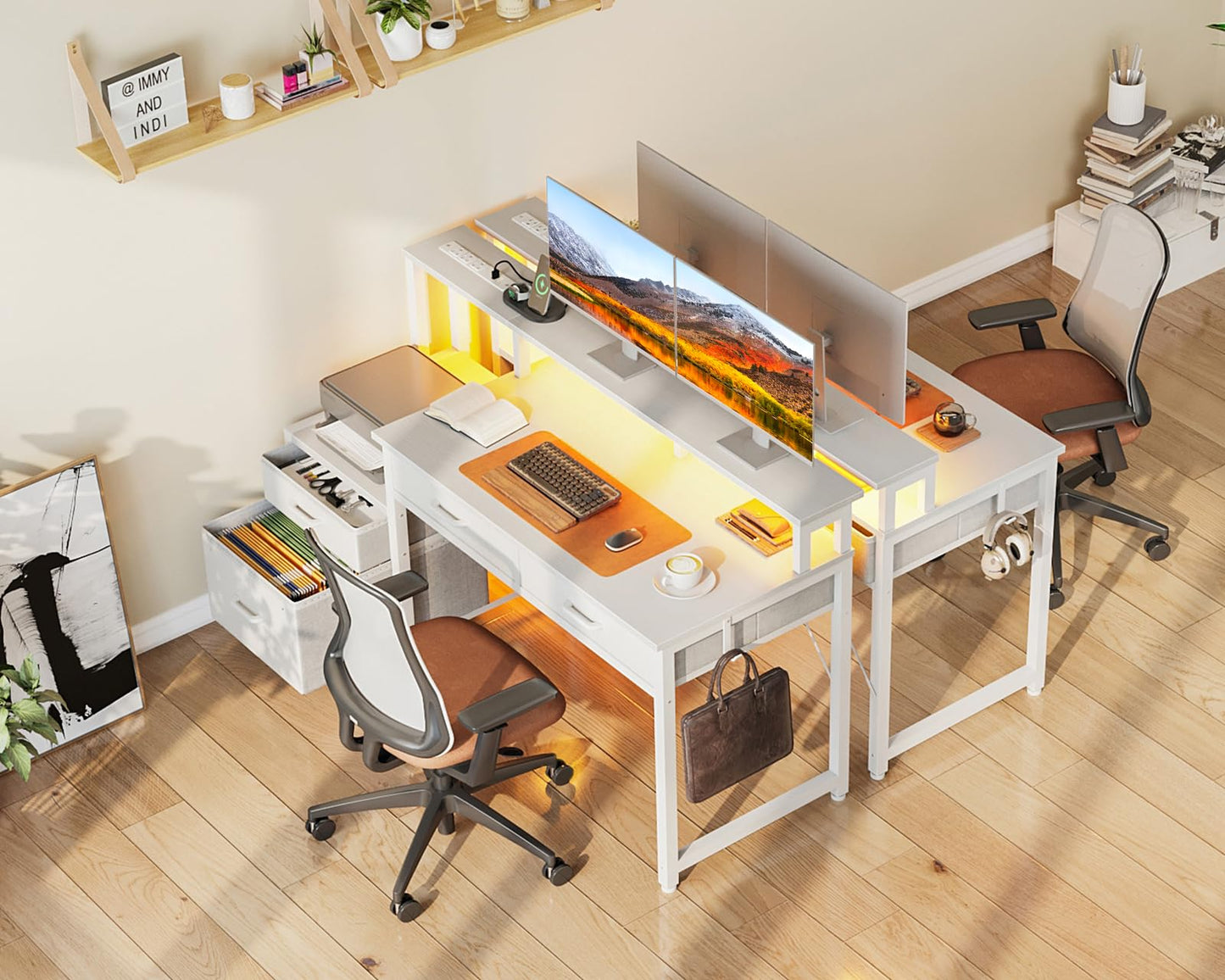 AODK Computer Desk with 4 Drawers, 48 Inch Reversible Desk with Led Lights & Power Outlet, Office Desk with File Drawer & Monitor Stand, Work Table for Home Office, White