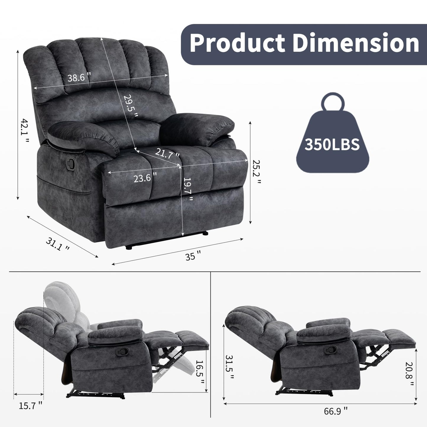 EZZUP Large Recliner, 23" Wide Seat, A Recliner with Three Position, Recliner Chair Oversized with Two Side Pockets, Dark Gray