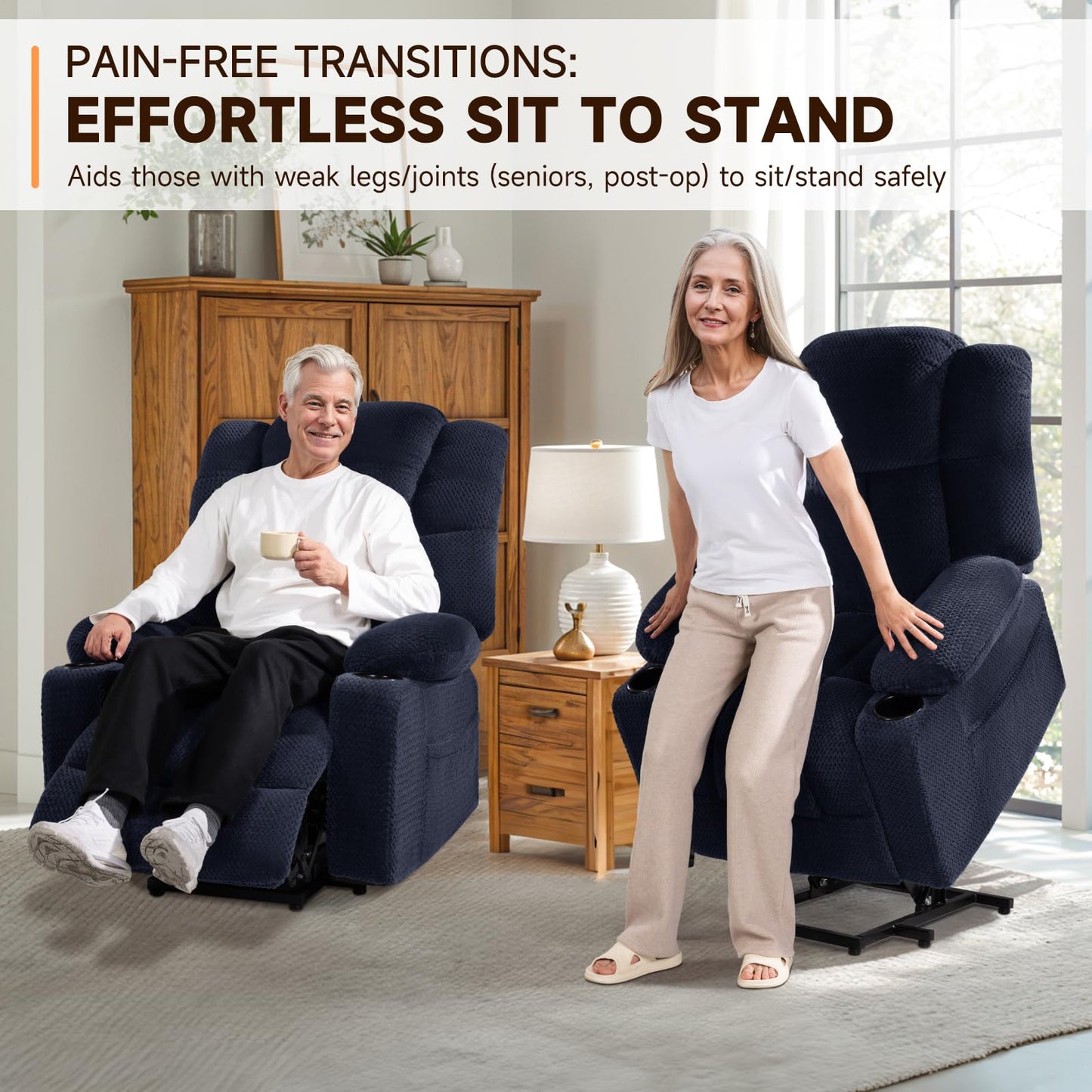 CFVYNE Power Lift Recliner Chair for Elderly with Massage and Heated, 3-Position, 2 Cup Holder, USB-A & USB-C, Soft Plush Fabric, Side Pocket Navy Blue