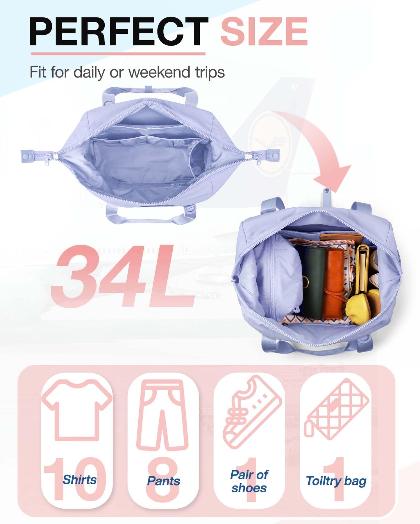 BAGSMART BAGSMART Gym Bag for Women, Carry on Weekender Overnight Bag, Travel Duffel Bags with Trolley Sleeve, Personal Item Travel Bag Tote Bag Workout Dance Bag, Purple-34L