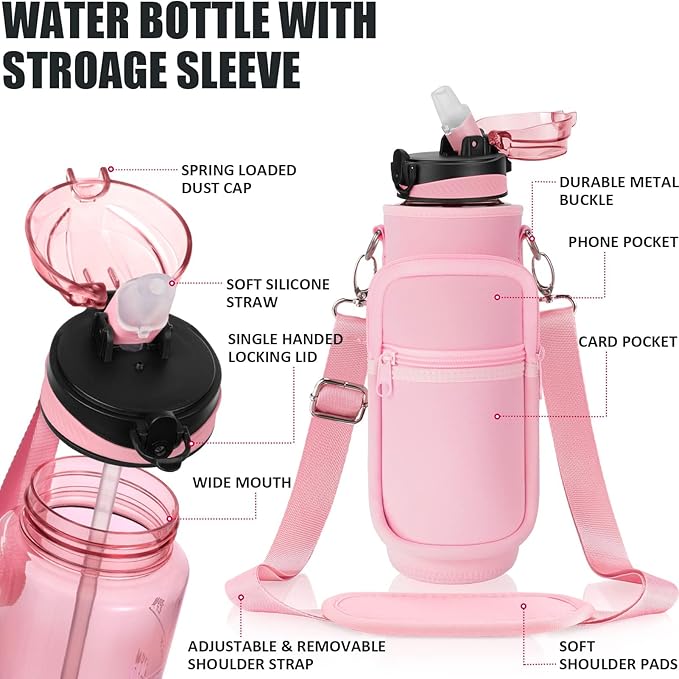 Fimibuke 32 oz Water Bottle with Sleeve - BPA Free Leakproof Sport Large 1L Plastic Motivational Water Bottle with Straw Strap & Insulated Neoprene Holder Carrier Bag Great Xmas Gift for Women Men