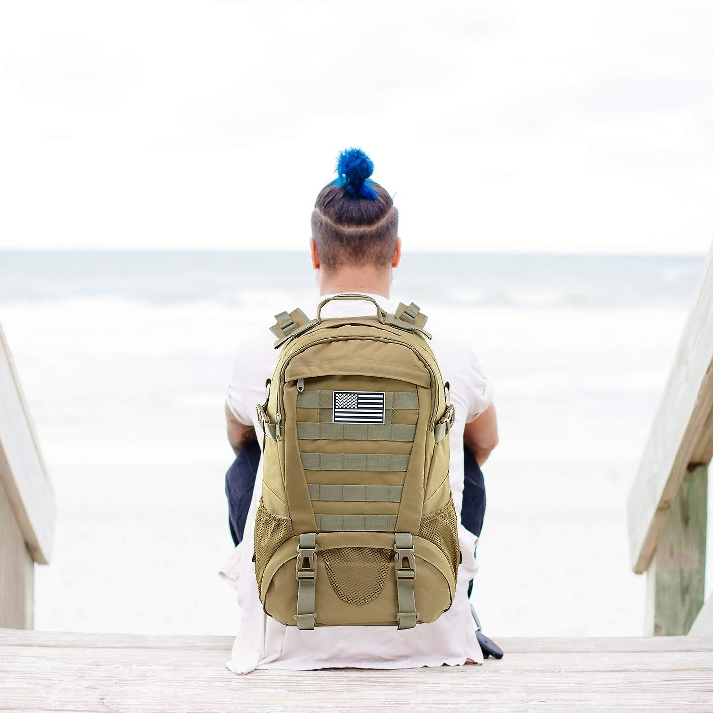 Jueachy Tactical Backpack for Men Hiking Day Pack Molle Military Rucksack Waterproof 30L EDC Bag with USA Flag Patch TAN Style