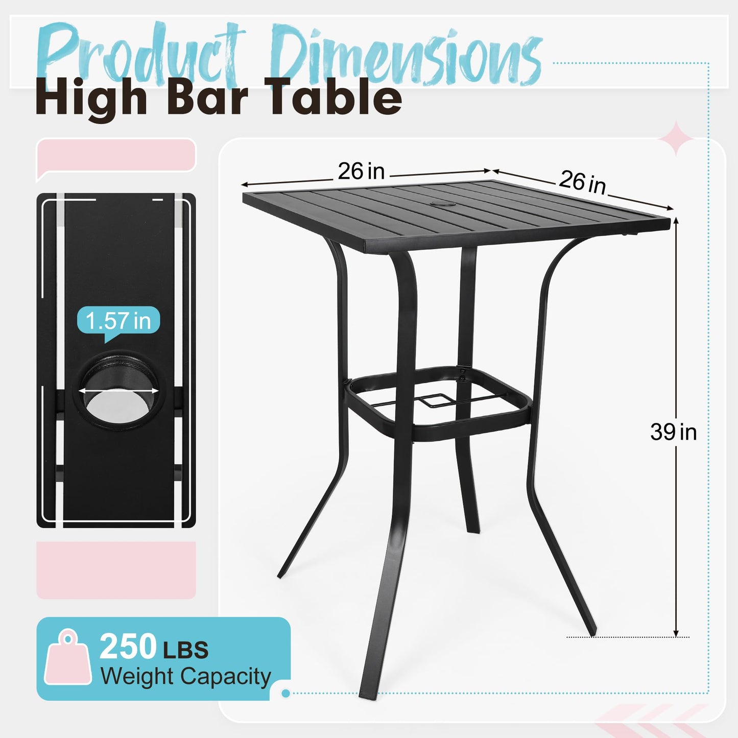Incbruce Patio High Bar Table, 39" Height Bistro Table with 1.57'' Umbrella Hole, Square Outdoor High Top Table Metal Steel Frame and Slat Design (Slatted Tables Top), Black