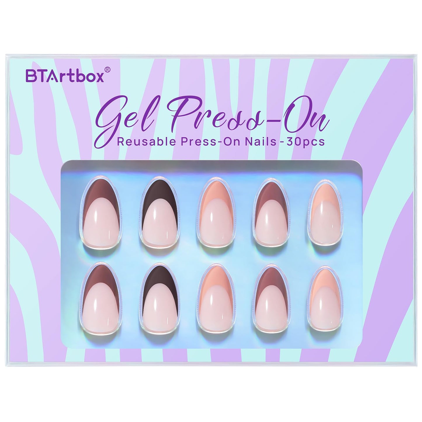 Almond Press On Nails - BTArtbox French Tip Press On Nails, Supremely Fit & Natural Glue On Nails with Nail Glue, Reusable Stick On Nails in 16 Sizes - 30 Fall Soft Gel Fake Nails Kit, Morning Coffee