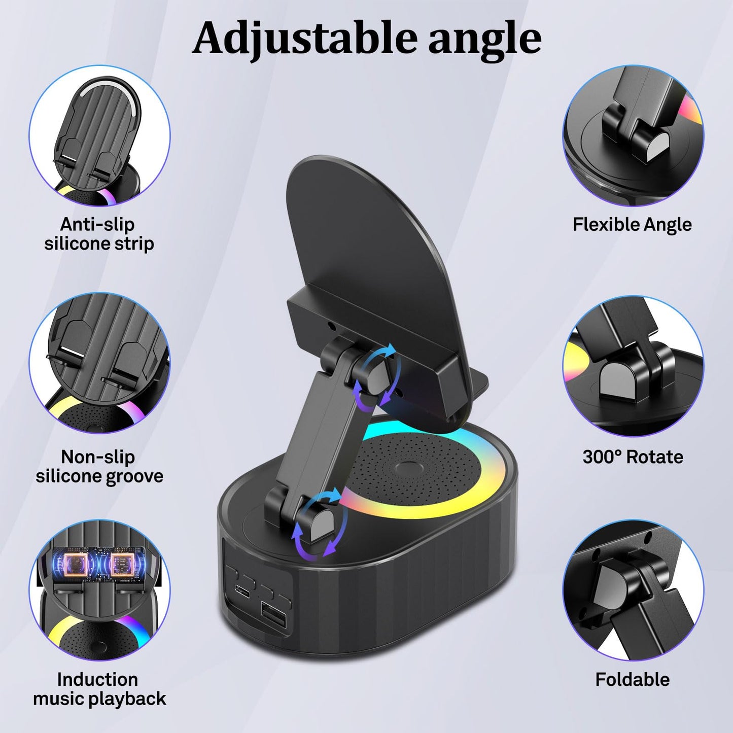 AKLLCCR Wireless Induction Audio Bluetooth Speaker 5in1 Phone Holder Emergency Rechargeable (3000mAh) with Colorful Ambient Light 300° Foldable for Tablet iPhone Android, Gifts for Men Women (Black)