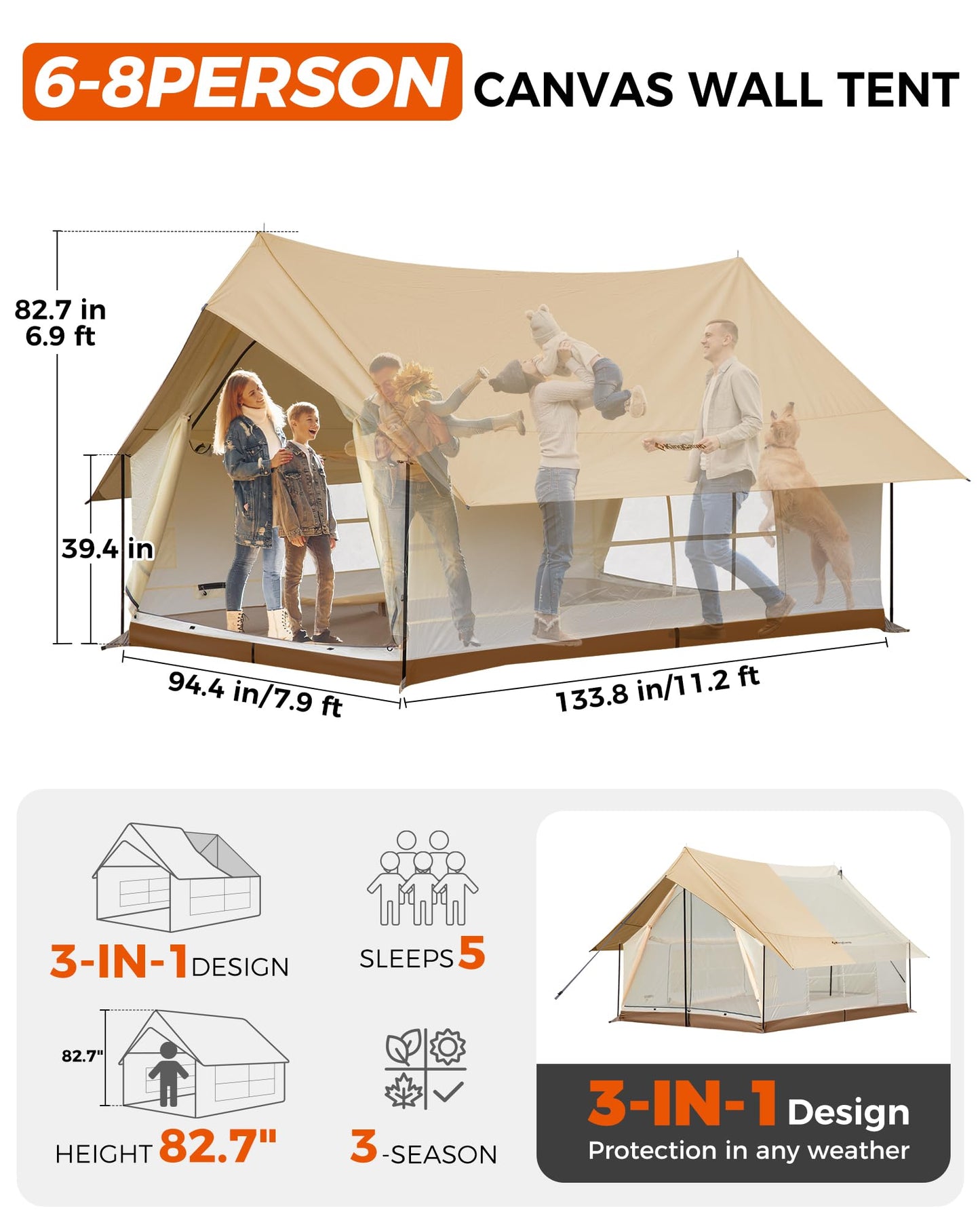 KingCamp Camping Tent 6-8 Person, Waterproof & Windproof Easy Setup Canvas Wall Tent with Large Windows for Family Camping, Hiking & Outdoor Parties