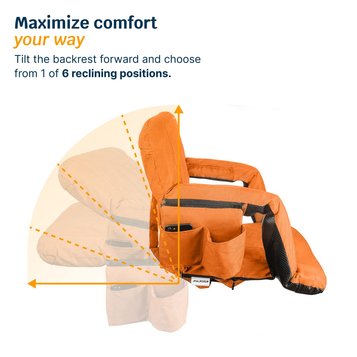 Alpcour Reclining Stadium Seat – Wide Bleacher Chair with Back Support and Cushion, Armrests, Side Pockets, and Bleachers Hook – Best Stadium Seats Chairs for Camping, Kayak, & Paddle Board Backs
