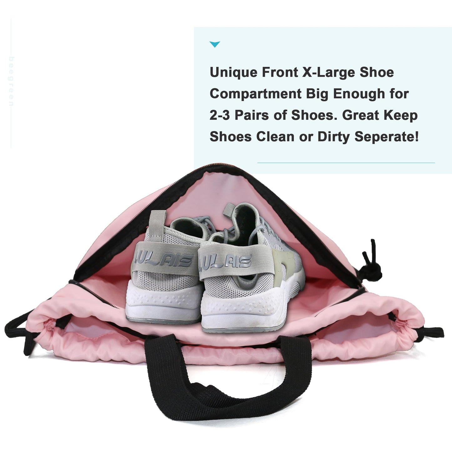 BeeGreen Pink Drawstring Backpack Bag with Shoe Compartment X-Large Gym Sports String Cinch Sackpack with Front Inside Zipper Pockets 75D