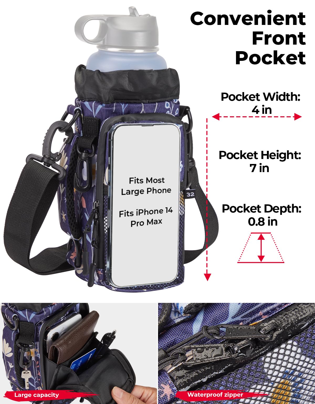 KEMIMOTO Water Bottle Holder Bag, Water Bottle Carrier with Adjustable Shoulder Strap, Water Bottle Pouch Holder for Hiking, Camping, Fishing, Compatible with YETI Stanley SLM 32 oz, 40 oz, 64 oz