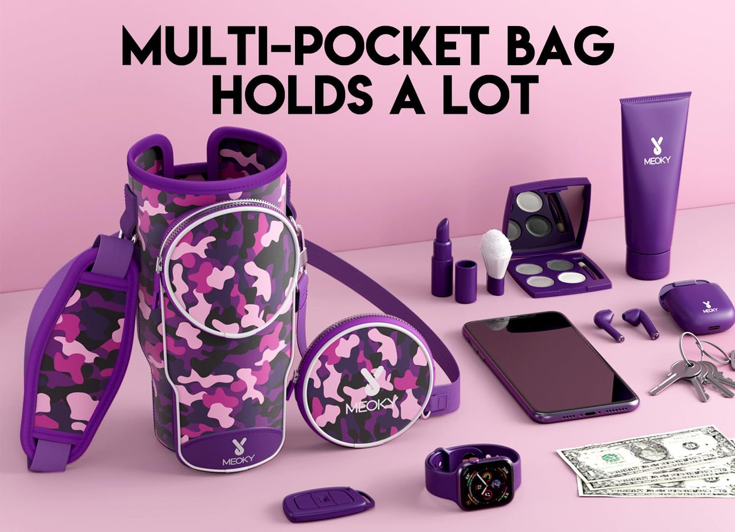 Meoky Water Bottle Carrier Bag with Phone Pocket for 40 oz Tumbler with Handle, Neoprene Water Bottle Holder Pouch with Adjustable Strap, 2 Carabiner Clips (Purple Mix)