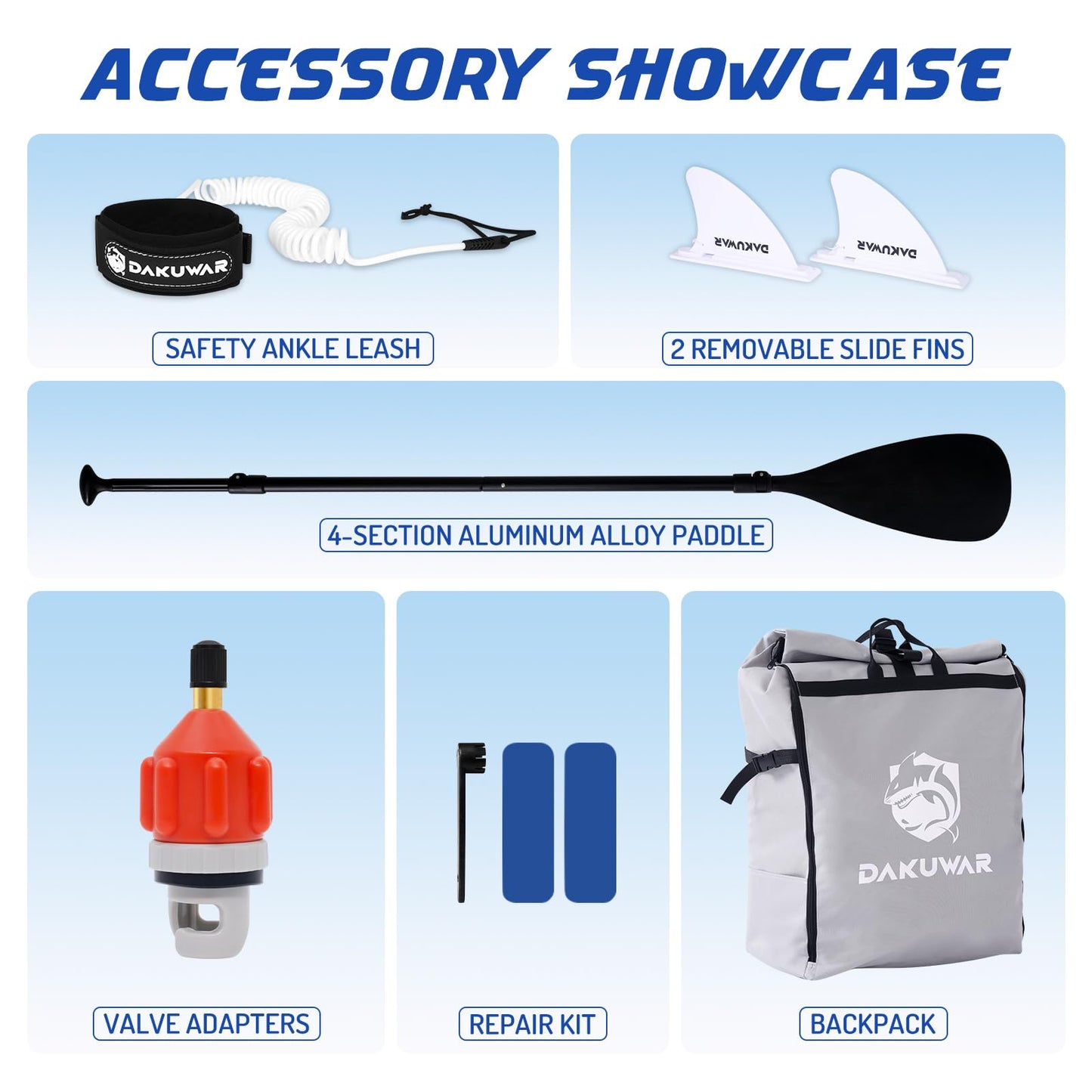 DAKUWAR Inflatable Paddle Board 10'x31.5''x6'' Folding Stand up Paddle Boards with SUP Accessories Valve Adaptor/2 fins/SUP Backpack/Ankle Leash/Repair Kit (Deep Blue and White)