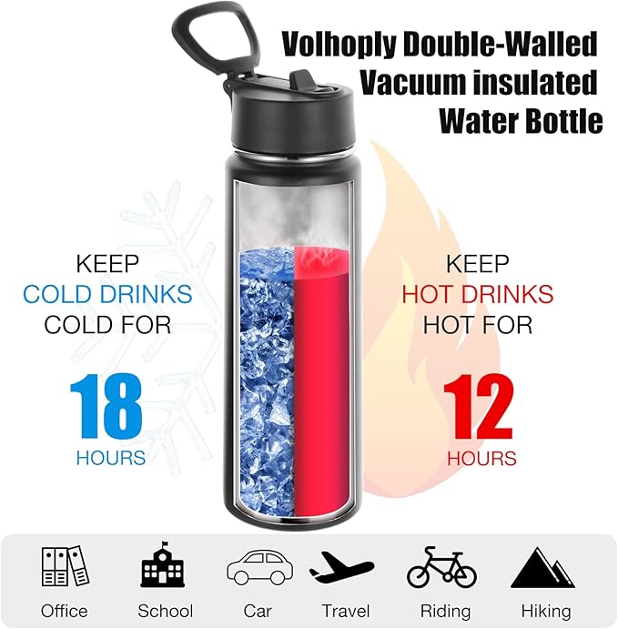 Volhoply 24oz Insulated Water Bottle With Straw Bulk 6 Pack,Metal Wide Mouth Water Bottles With Handle Lid Keep Cold,Reusable Double Wall Thermos,Powder Coated Sport Bottle For Holder(Black,6 Count)