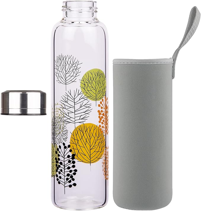 Borosilicate Glass Water Bottle, Sports Glass Drinking Bottle with Neoprene Sleeve and Stainless Steel Lid 16oz / 32oz (16oz, Forest)