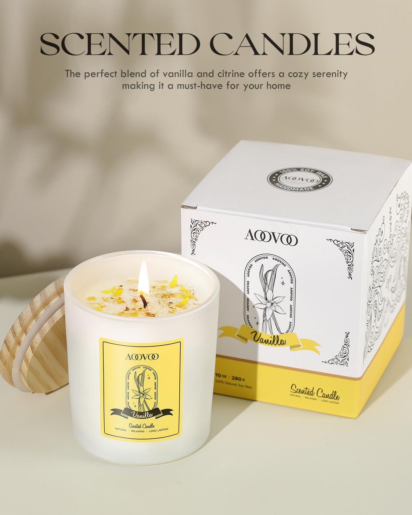 AOOVOO Vanilla Scented Candles for Women - Aromatherapy Candle with Crystals Inside, 10oz Soy Candles for Home Scented, Birthday Gifts Mothers Day Candle for Women Mom