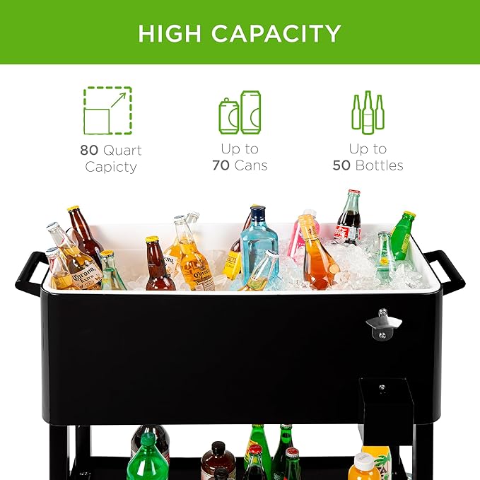 Best Choice Products 80-Quart Outdoor Steel Rolling Cooler Cart w/Ice Chest, Bottle Opener, Catch Tray, Drain Plug, Locking Wheels