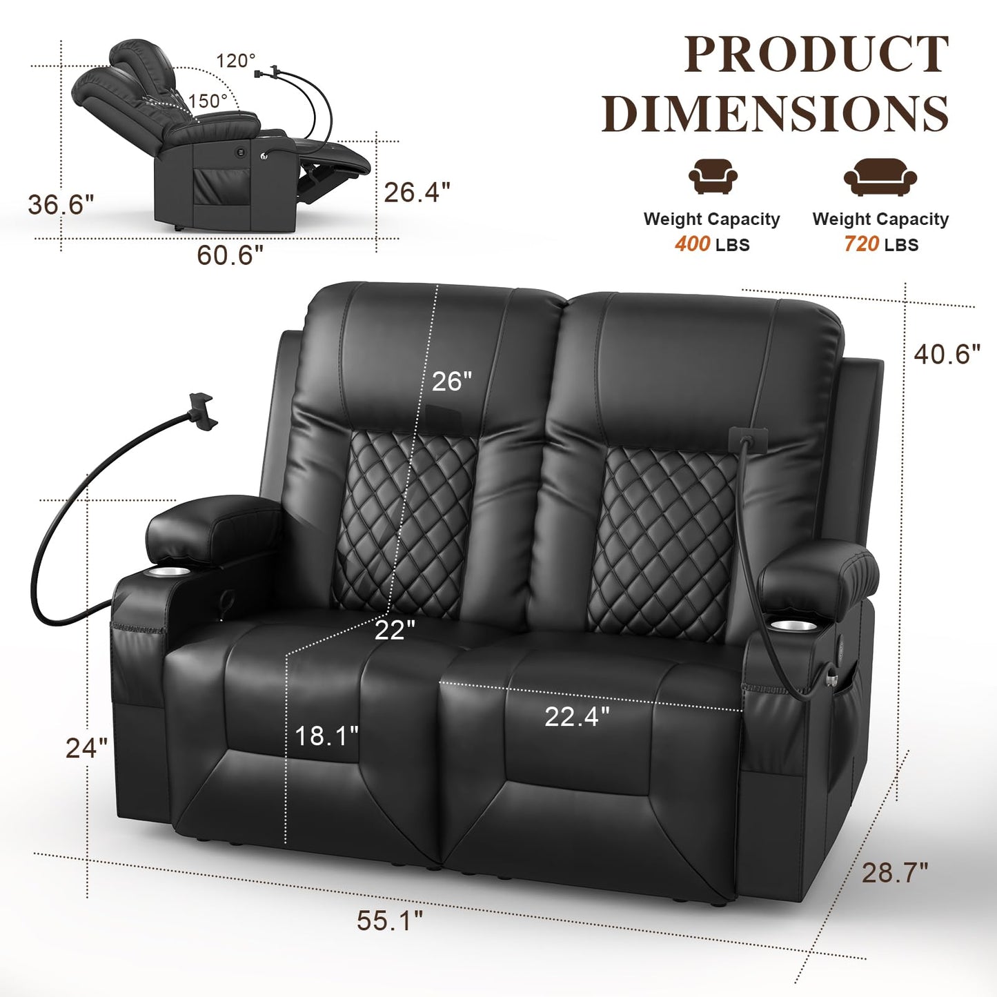 FURNIMAT Loveseat Recliner Sofa Set with 2+1 Pieces in Living Room, 2 Seater Reclining Loveseat Leather, 1 Recliner Chair with 360 Degree Swivel Single Sofa Seat