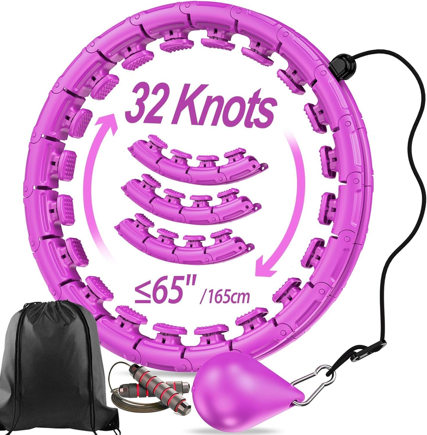 APzek 32 Detachable Knots Weighted Exercise Hoop Plus Size, No Falling Smart Huula Hoop for Adults & Beginners, 2 in 1 Abdomen Fitness Massage with Auto Spinning Ball - Purple