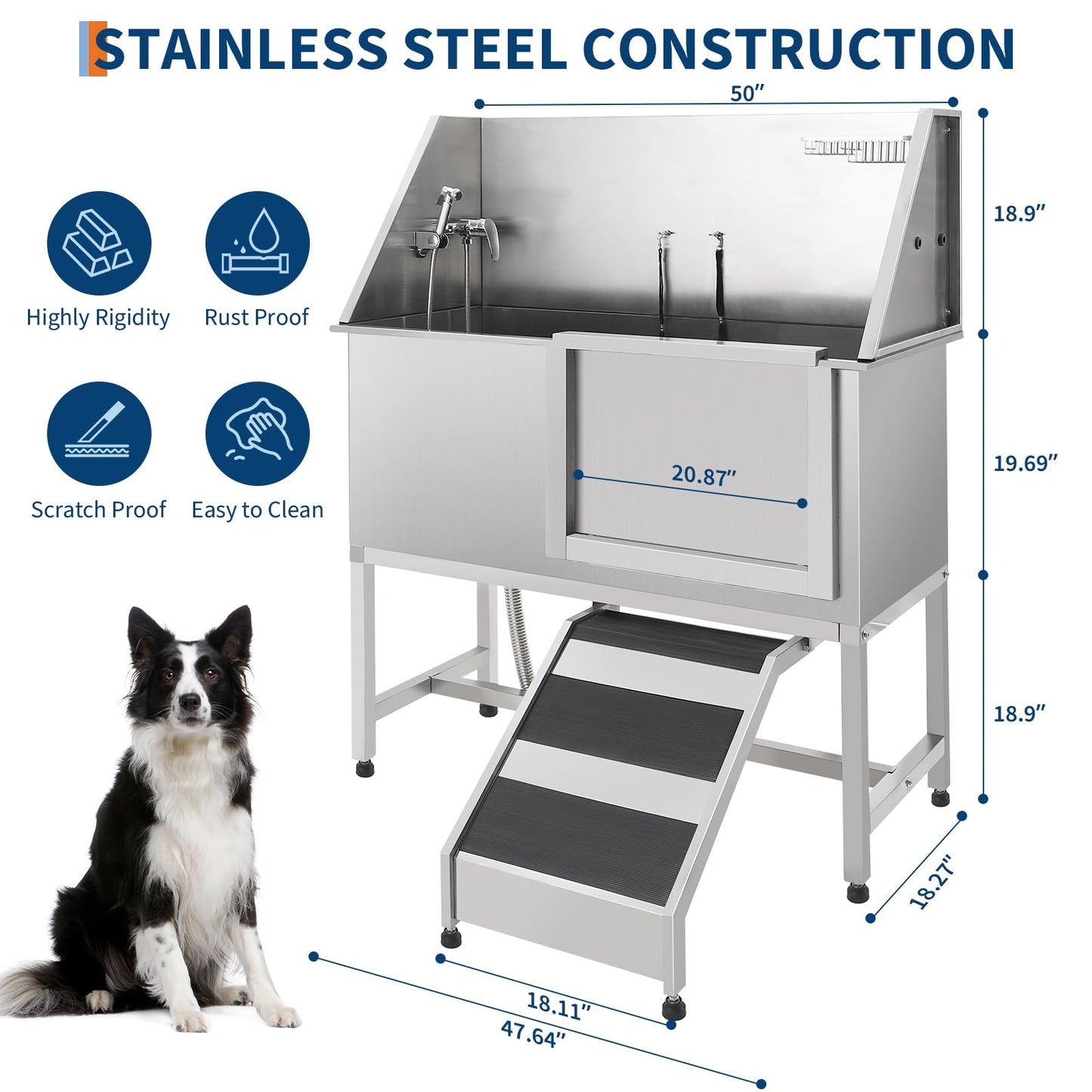 OutdoorVibe 50 Inch Pet Grooming Tub with Ramp, Stainless Steel Washing Station, Dog Tub Faucet & Showerhead & Soap Holder Leash Dog Bathtub for Large & Medium & Small Pets (Left Door)