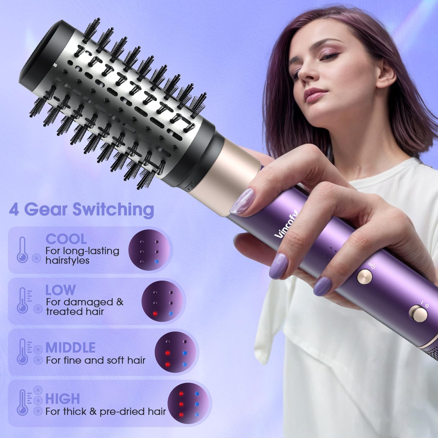 Vincofy 7-in-1 Hair Dryer Brush and Hair Styler Set – Fast Drying, Curling, Straightening & Volumizing – Hot Air Styling Tool with No Heat Damage – for All Hair Types – Lavender