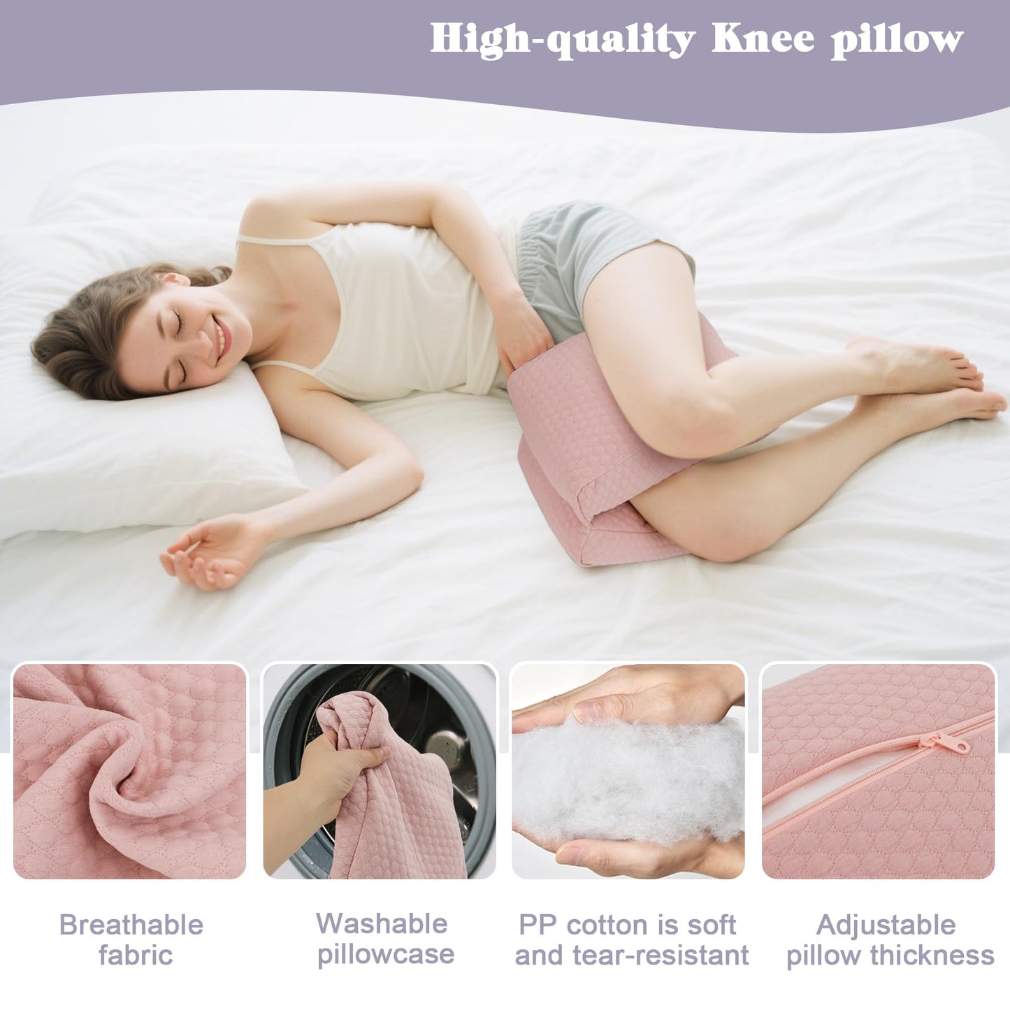 RoamReady Knee Pillow for Side Sleepers, Leg Support Pillow for Hip Pain Smooth Spine Alignment for Better Sleep, Ideal Pillows for Side Sleeping Knee and Back Pain Relief, Pink