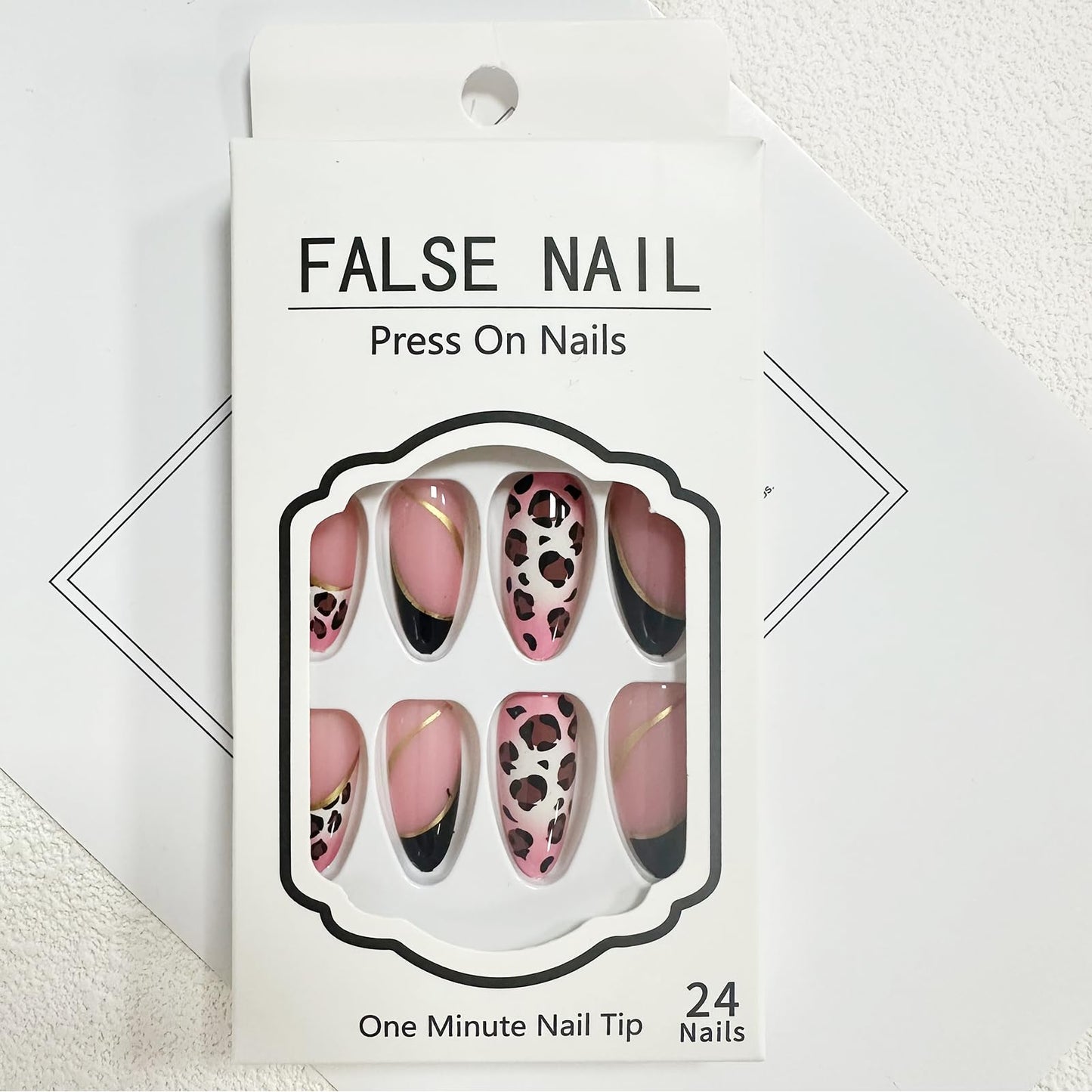 Alomnd Leopard Print False Nails - Press Ons with French Tip, Glossy Finish, 24pcs