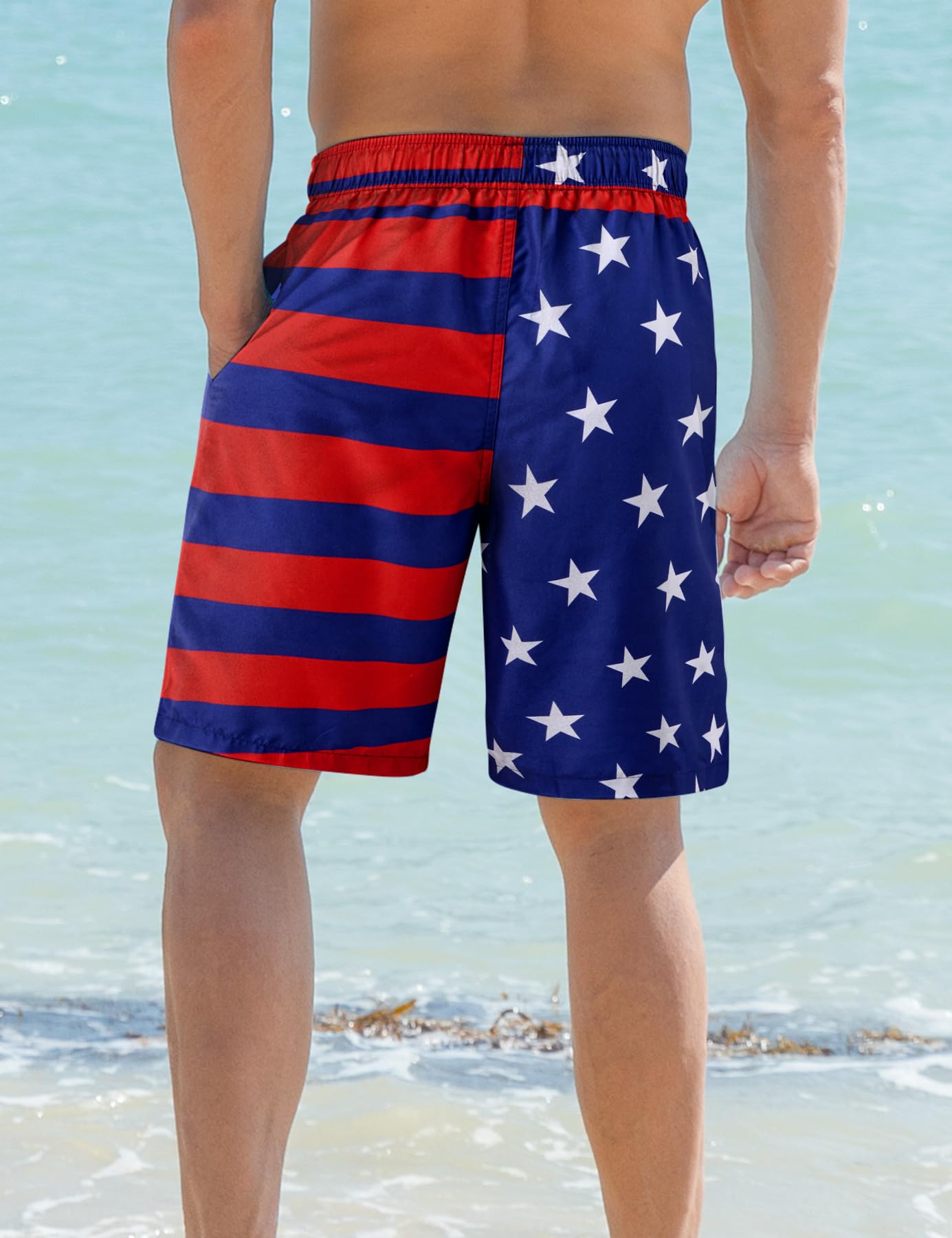 ALISISTER Men Fourth of July Swim Trunks Compression Liner American Board Shorts USA Flag Independence Day Boardshorts Swimsuits Swimwear 7 Inch