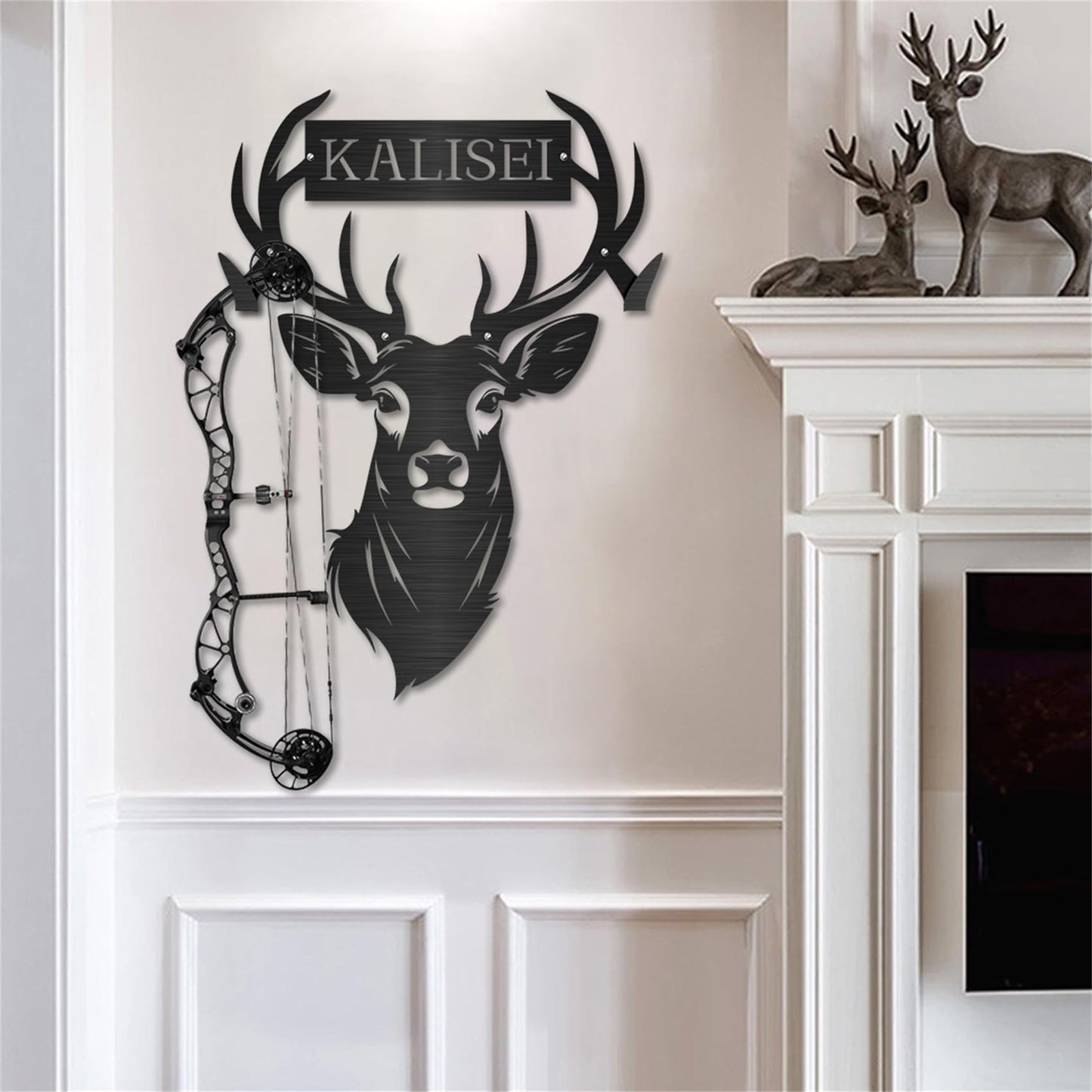 Personalized Metal Deer Skull Bow Rack Custom Name Deer Head Metal Wall Art Hunting Archery Gear Standing Display Bow Rack Hunting Gift for Hunter Dad Grandpa,Deer Archery Display